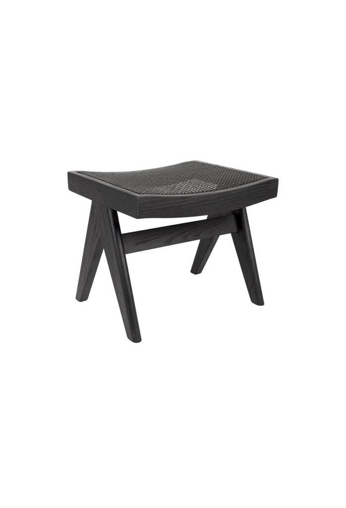 Scandi-Style stool with solid black wooden legs and a black rattan seat on white background