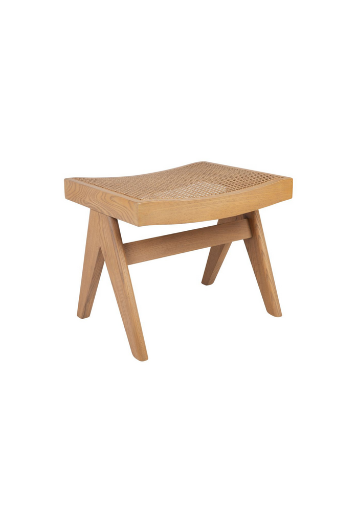 Scandi-Style stool with solid natural wooden legs and a natural rattan seat on white background