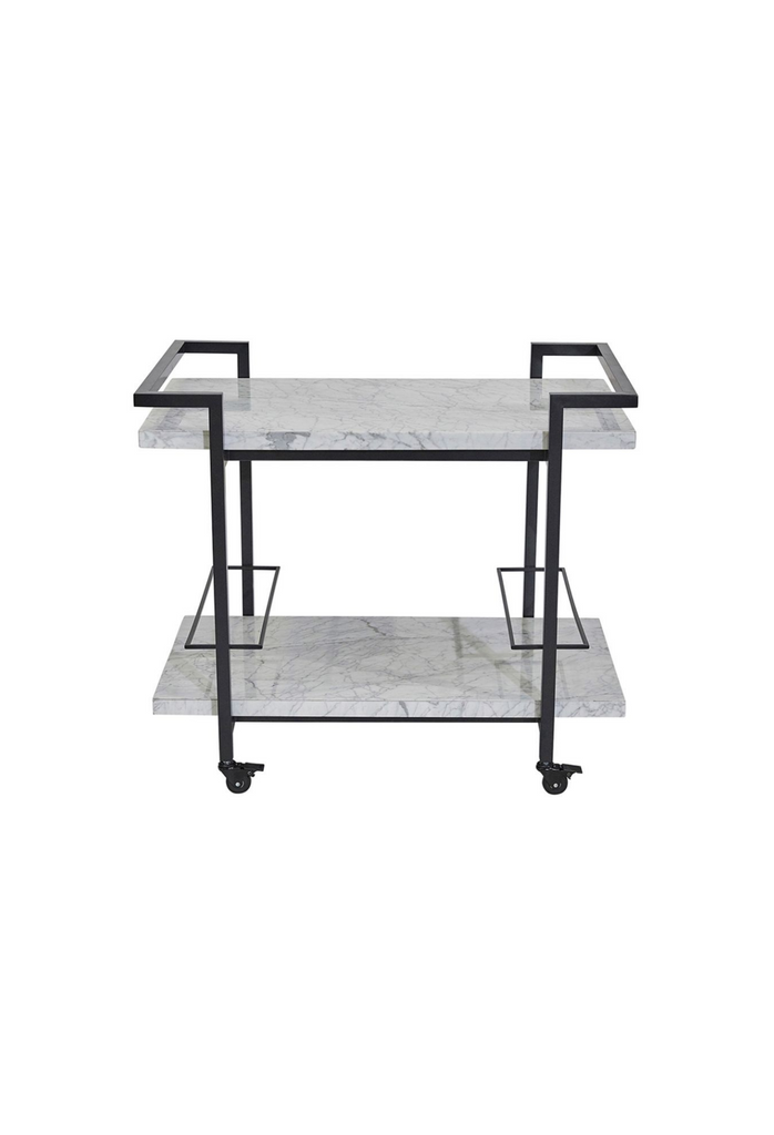 Drinks trolley with two rectangular white marble shelves in a geometric shaped black steel frame with sharp edges on white background