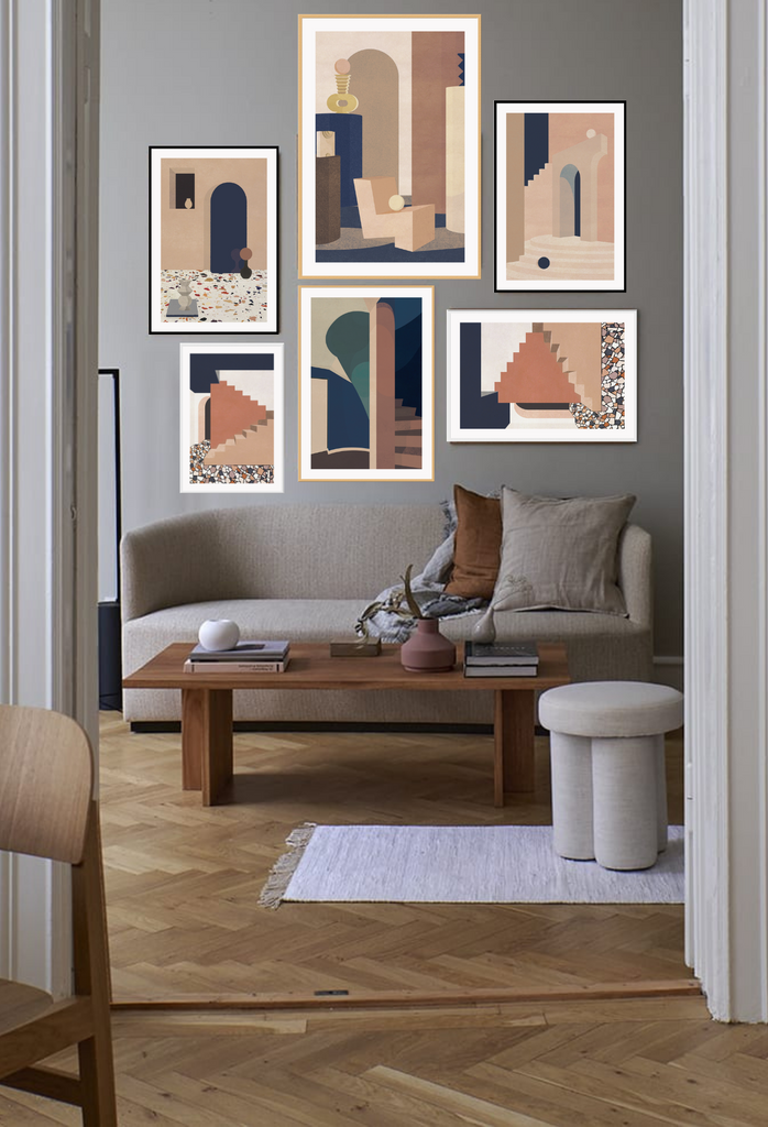 Geometric interior in tan and teracotta tones with with navy, brown and cream colours. 