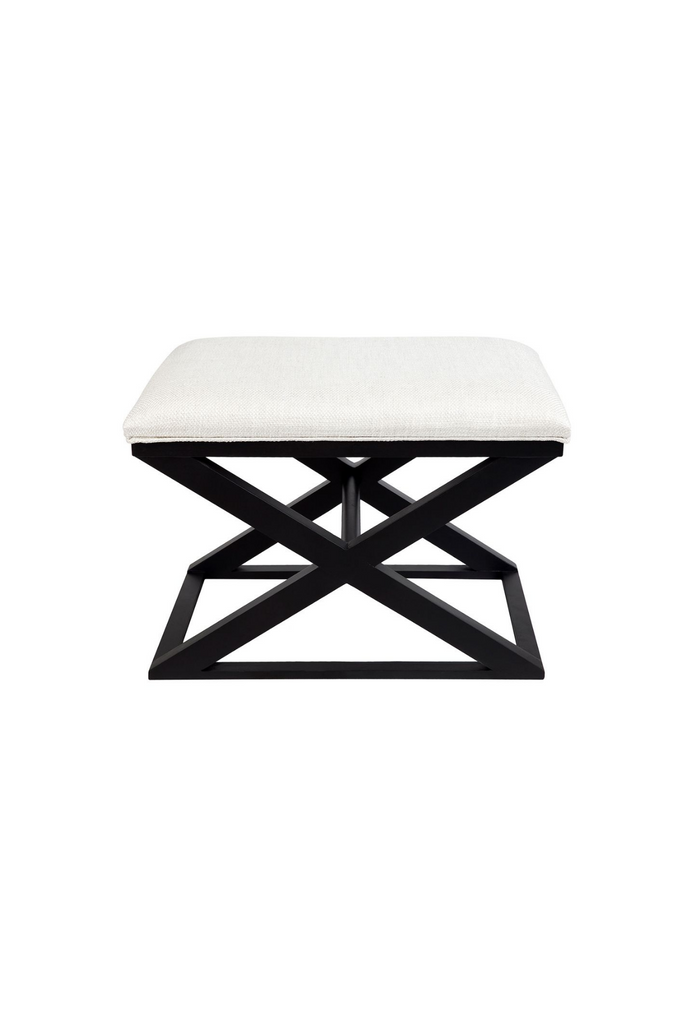 Modern Rectangular Stool with a black crossed legged timber frame and a natural white linen seating cushion on a white background