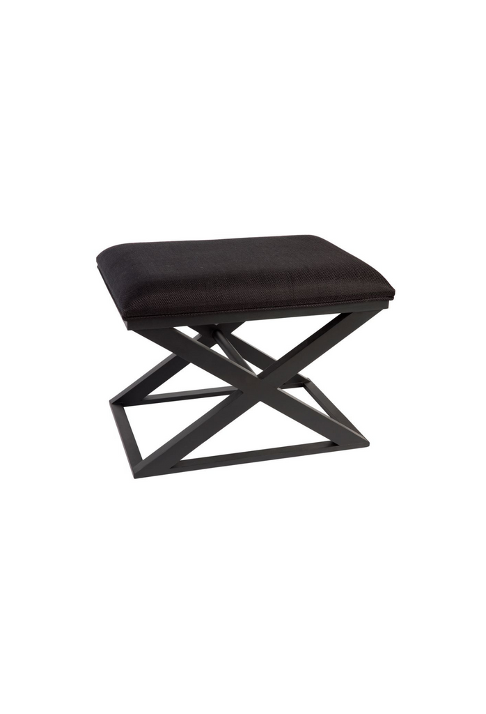 Modern Rectangular Stool with a black crossed legged timber frame and a black linen seating cushion on a white background