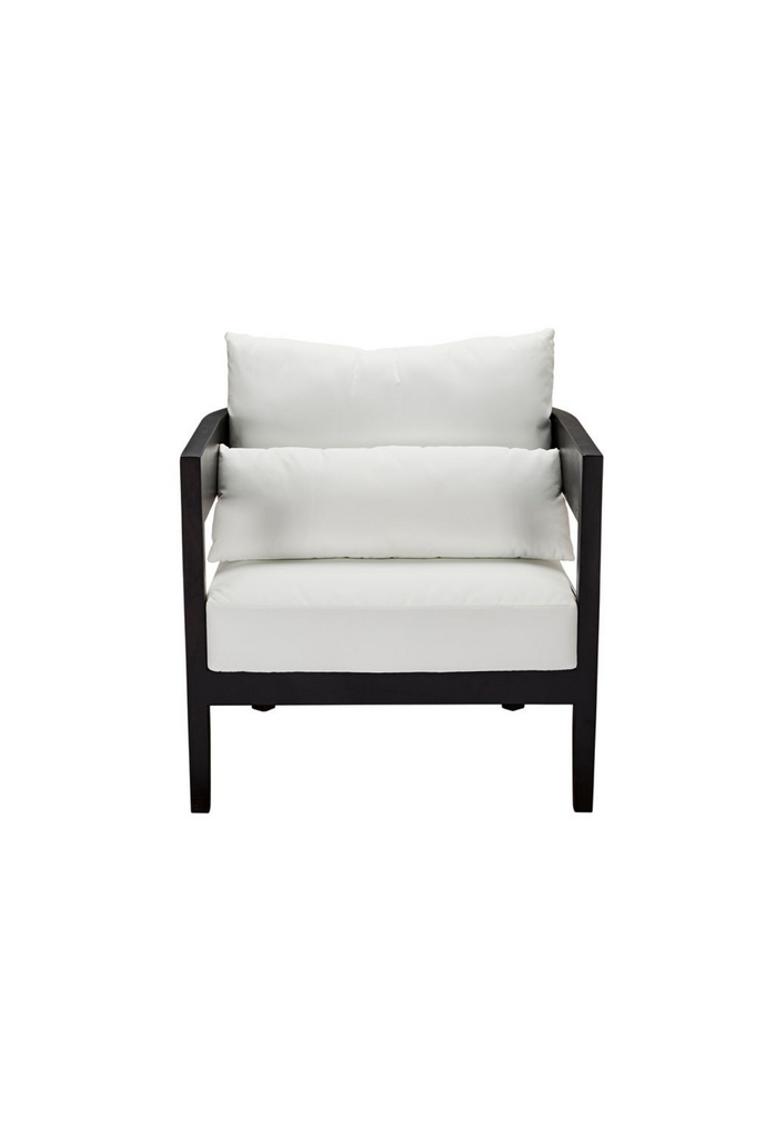 Modern Black Teak Outdoor Armchair with a Sleek Curved Back Rest and White Cushions on White Background