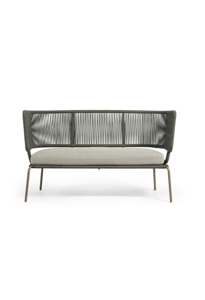 Outdoor Sofa with a brushed antique gold steel frame and hand woven rope back rest in olive green on white background