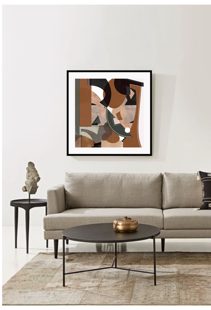 Modern abstract style print with brown olive green black grey and beige shapes overlapping one another on a white background.