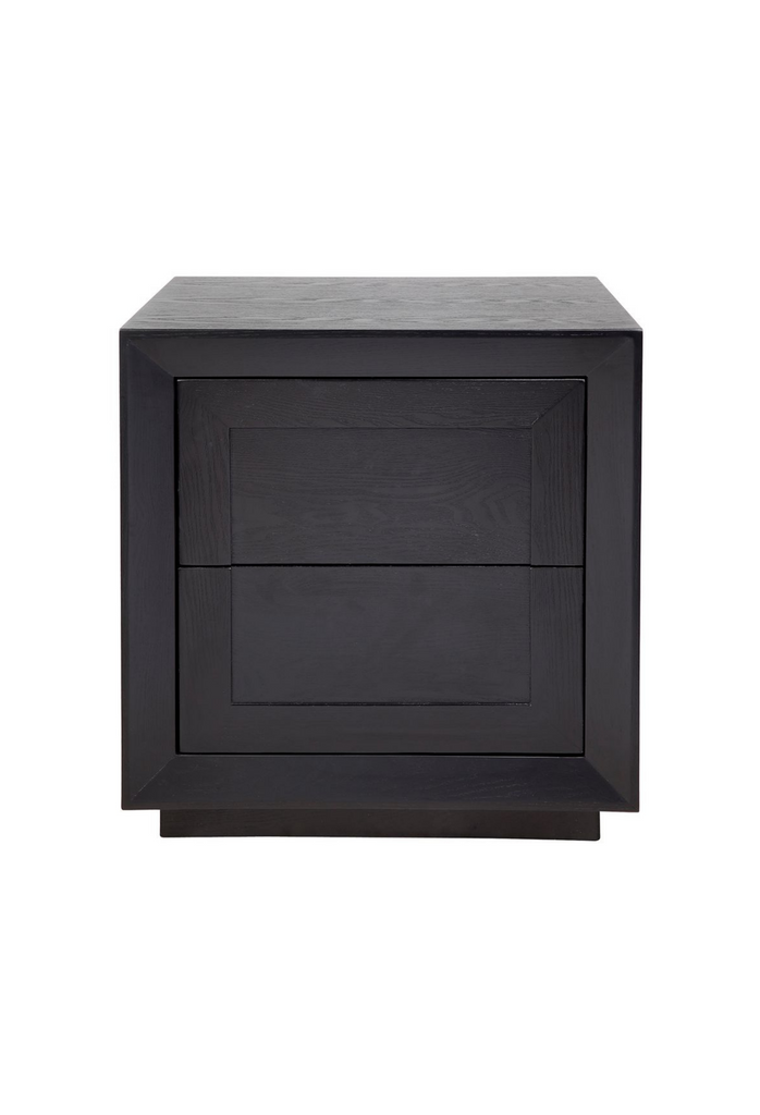 Modern Cubic Black Oak Veneer Bedside Table with Two Large Drawers and Shaker Panelling on a White Background