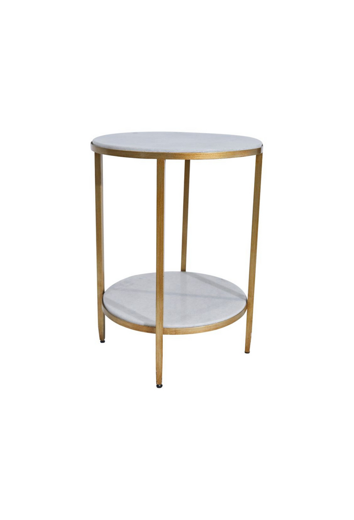 Antique gold round side table with stone top and bottom
