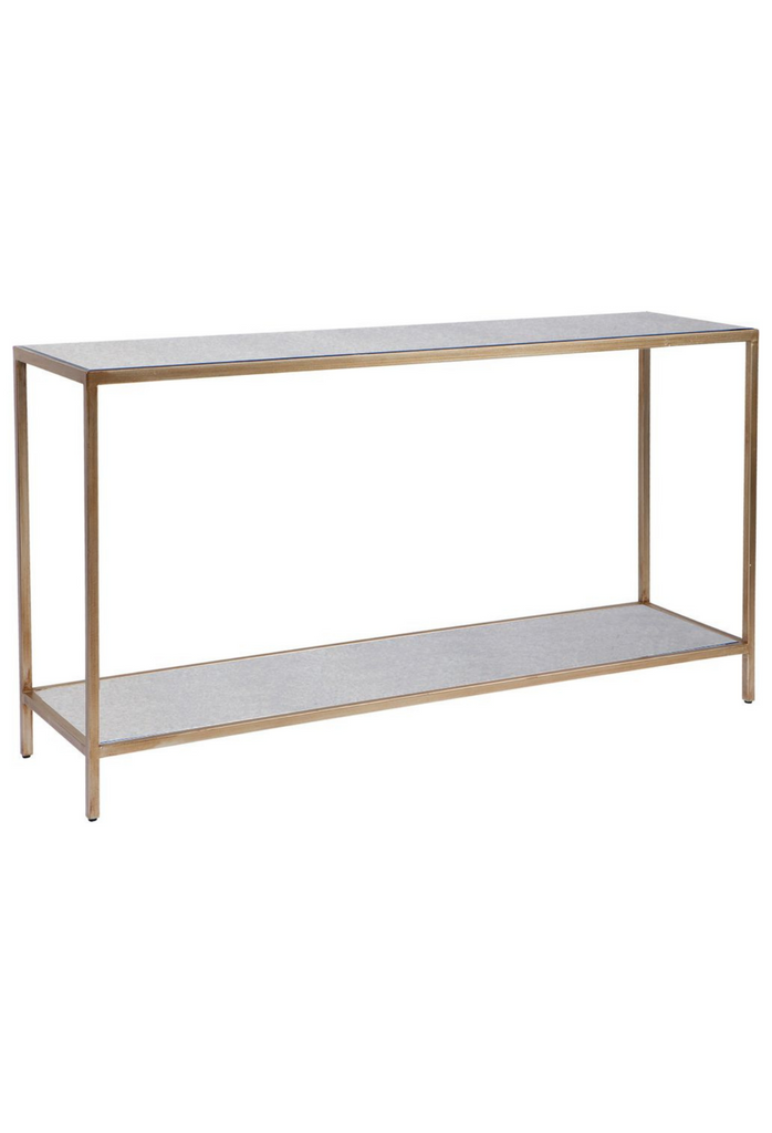 Two tier rectangular console table with sharp edges and an antique gold iron frame featuring a mirrored top and shelf