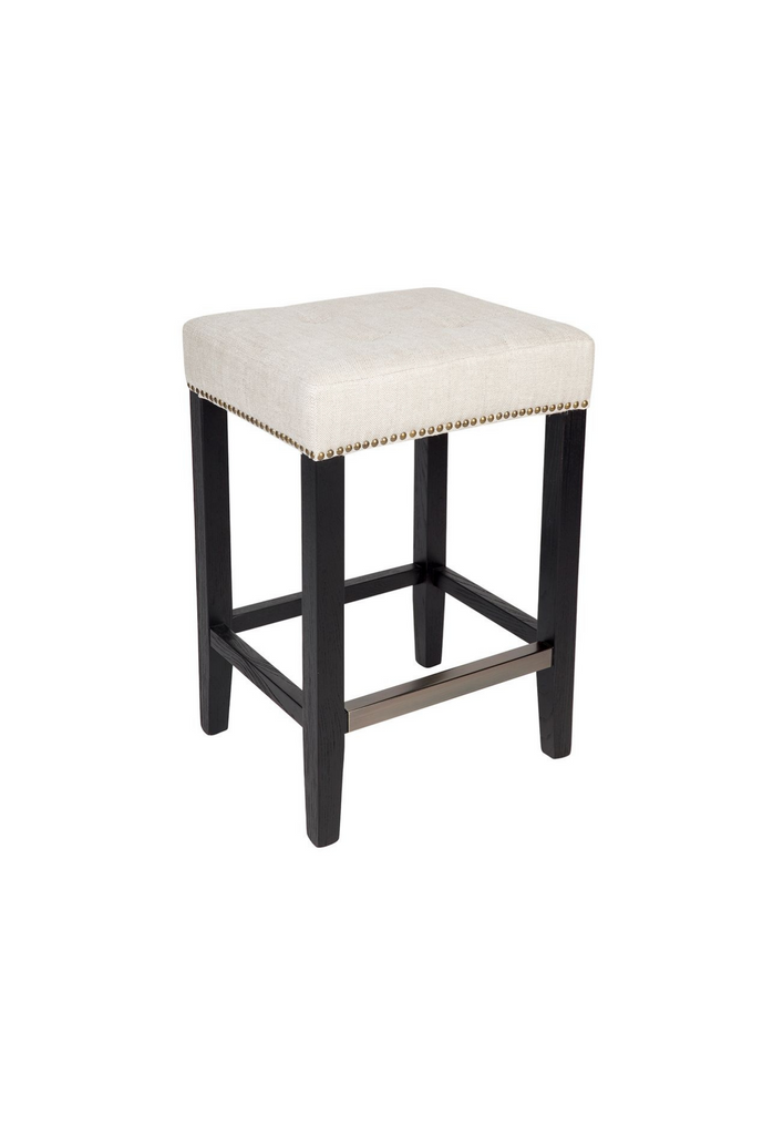 Black Kitchen Stool with Natural Linen Seat Cushion and Brass Stud Detailing on a white background