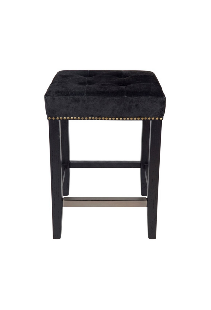 Black Kitchen Stool with Black Suede Seat Cushion and Brass Stud Detailing on a white background