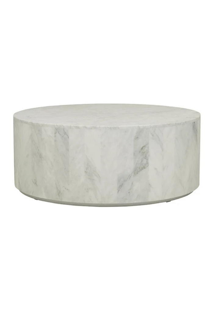 Natural White Marble Solid Round Coffee Table with Panelled Detailing and a Stainless Steel Base on a White Background