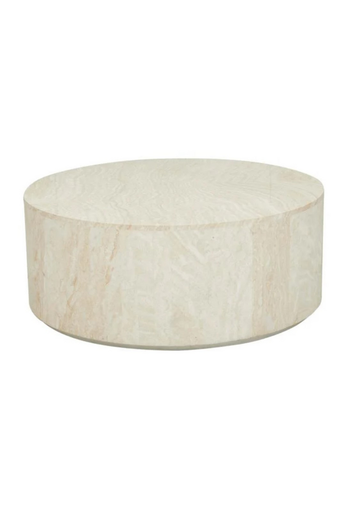 Solid Round Coffee Table with Natural Ivory Marble Panels on a Sturdy Stainless Steel Base on White Background