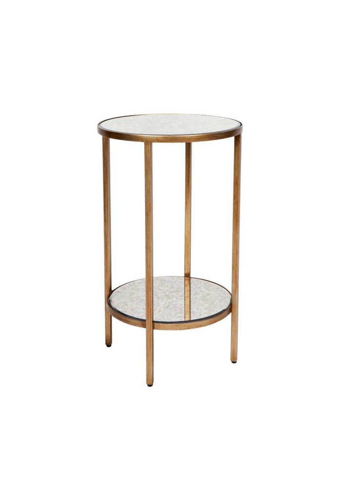 Elegant round mirrored small side table in antique brass
