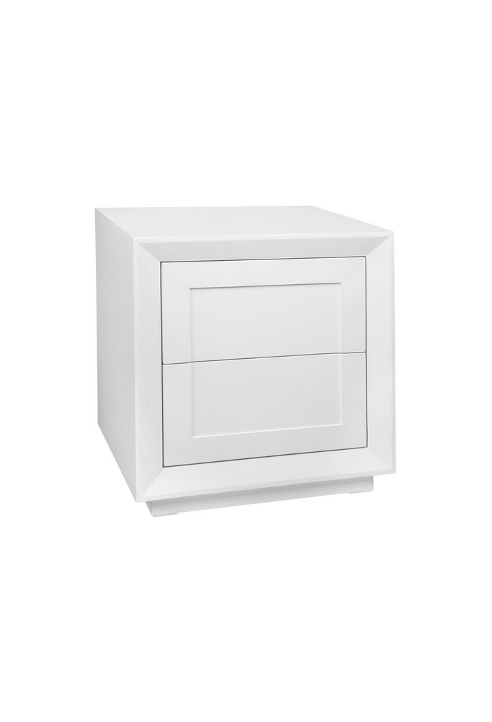 Modern Cubic Painted White Oak Veneer Bedside Table with Two Large Drawers and Shaker Panelling on a White Background