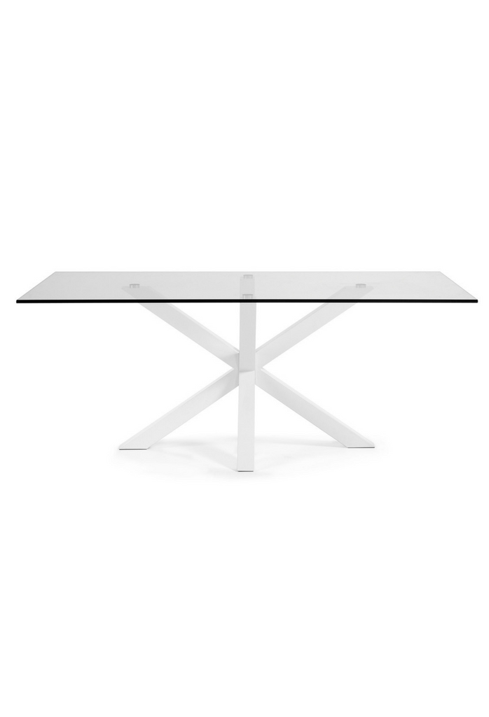 structured wood pieces in white dining table with glass top