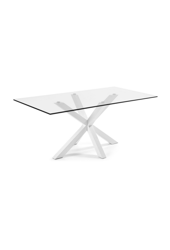 structured wood pieces in white dining table with glass top