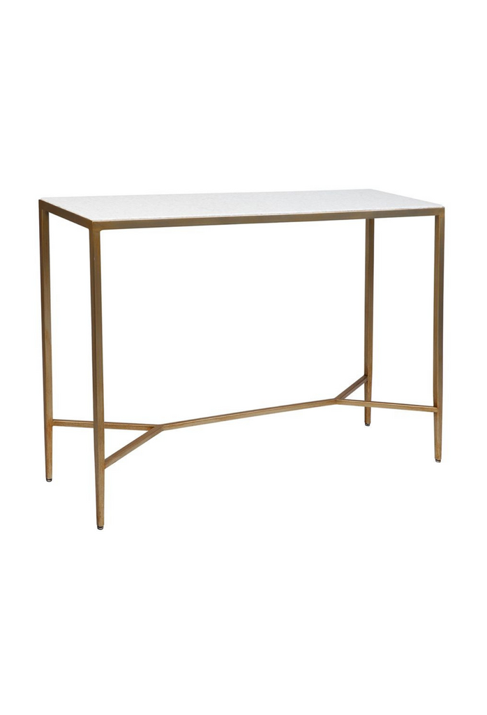 Antique style console table with rectangular white stone top and fine metal legs with handpainted brushed gold finish
