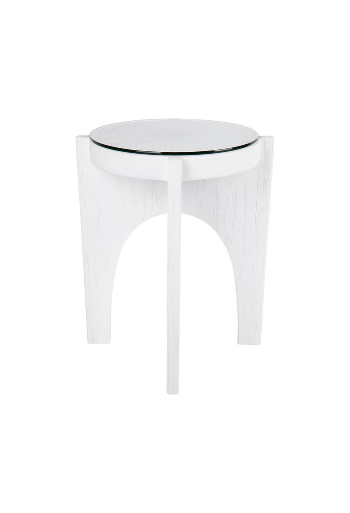White rattan timber intersecting arches side table with gass top