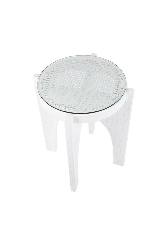 White rattan timber intersecting arches side table with gass top