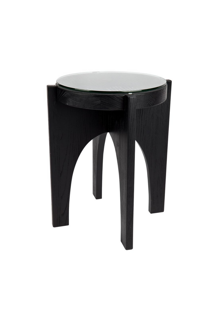 Black rattan timber intersecting arches side table with gass top
