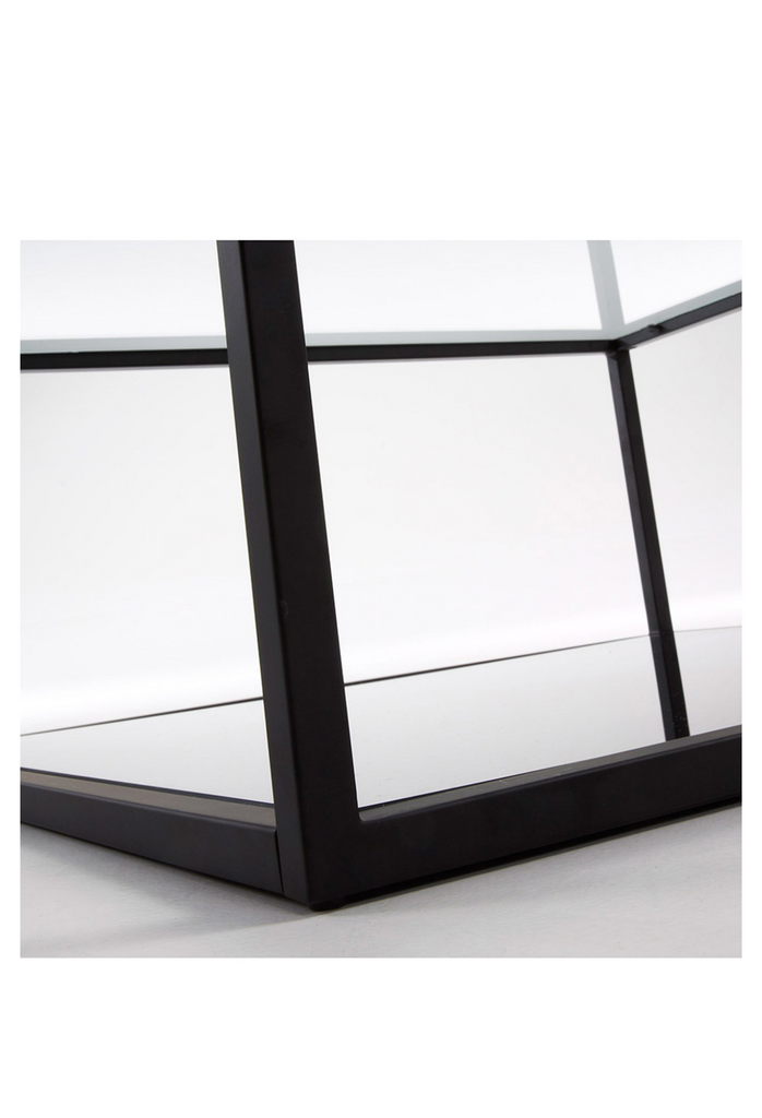 Black Metal Coffee Table with a Rectangular Metal Frame and Glass Top on a White Background