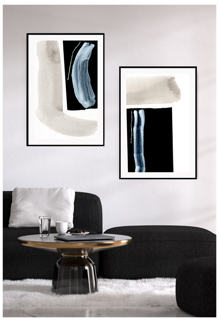 Modern abstract art print featuring a black rectangle and white brushstrokes on top and a grey watercolour stroke beside.