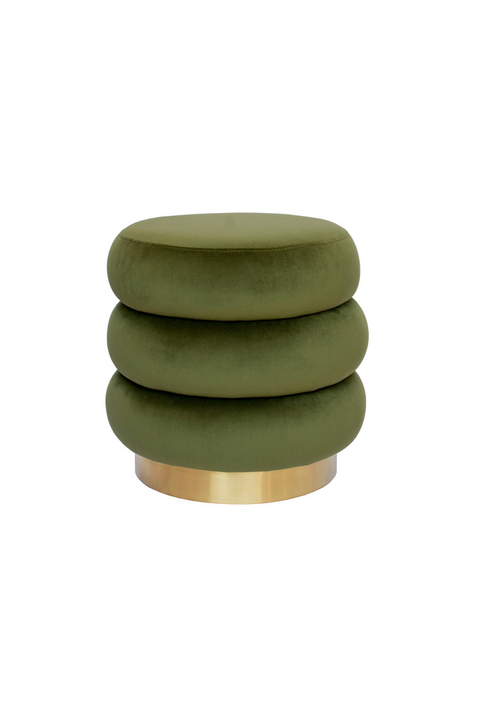 Round ottoman with three layers creating ribbed shape upholstered in olive green velvet with brushed gold base