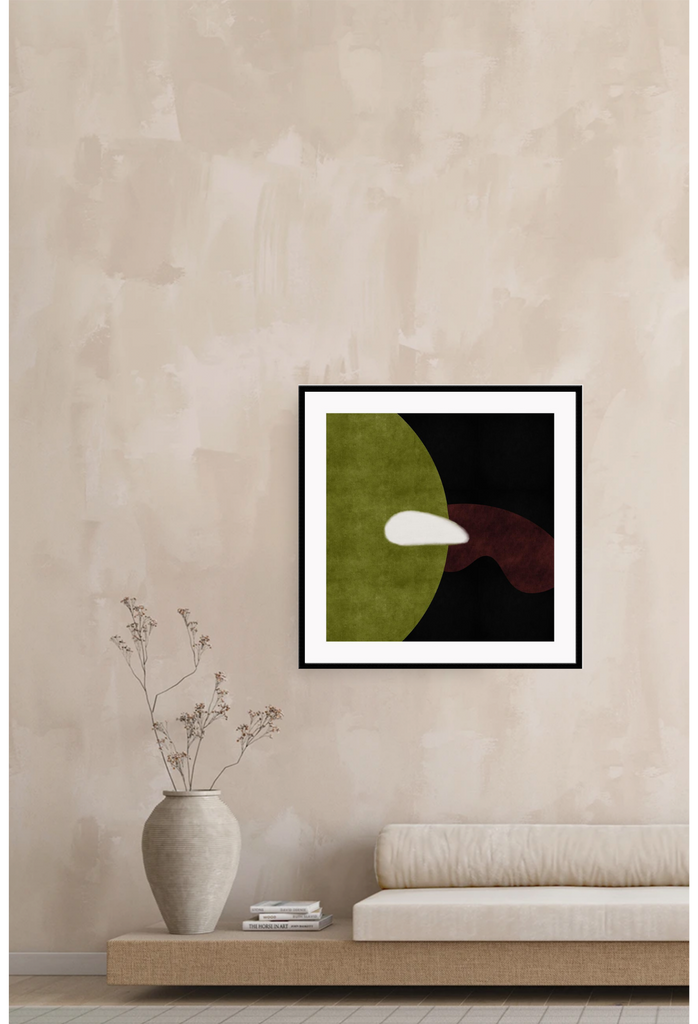 Abstract minimal style square print with a small white round shape on a wavy dark and light green and brown background.