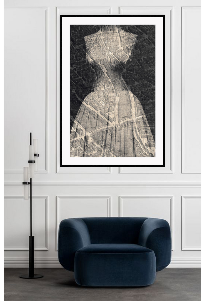 Modern print featuring a female torso in beige in the centre with a map of Paris in darker tones in the background.