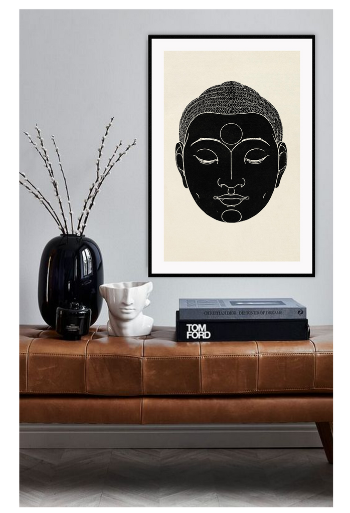 Zen modern minimal style print with a black buddha face with eyes closed on a cream background.