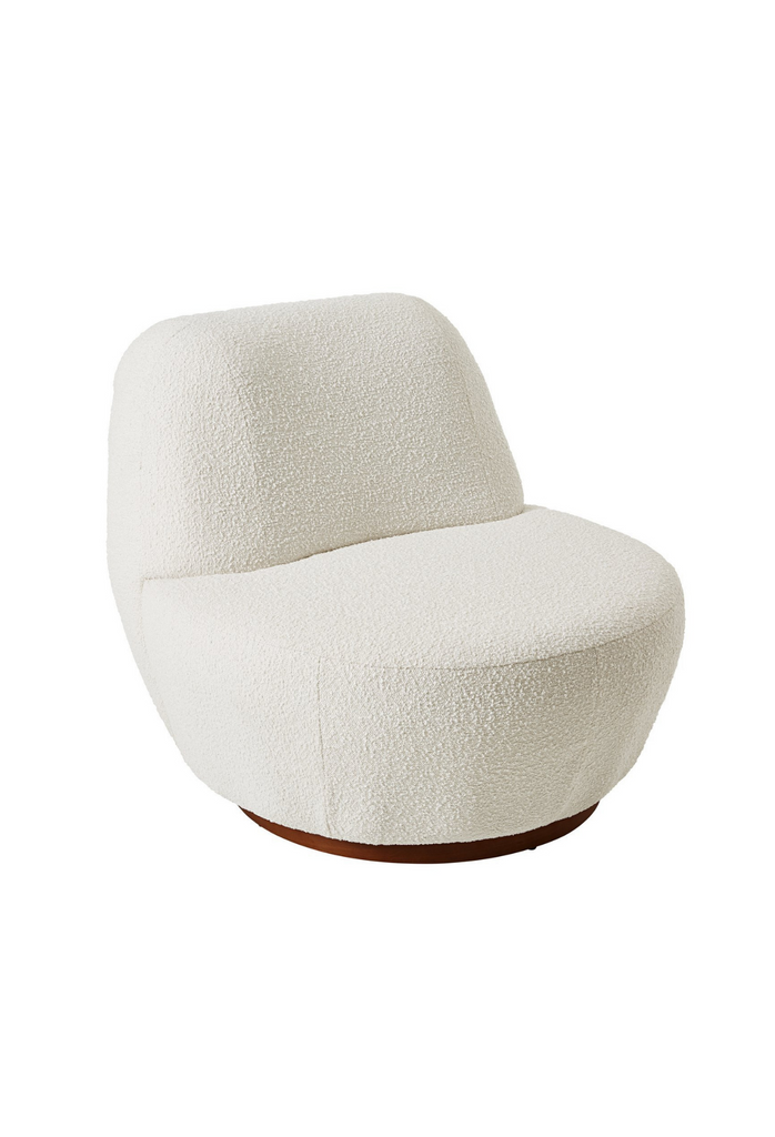 Modern Armless Tub-Style Chair with a Chunky Back Rest and Seat Fully Upholstered in Ivory Boucle with a Copper Finish Base
