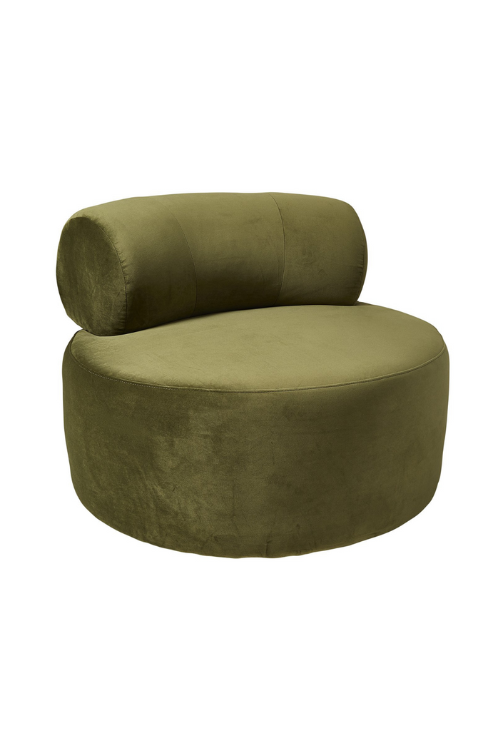 Chunky round swivel chair in olive moss green velvet with matching curved back rest on white background