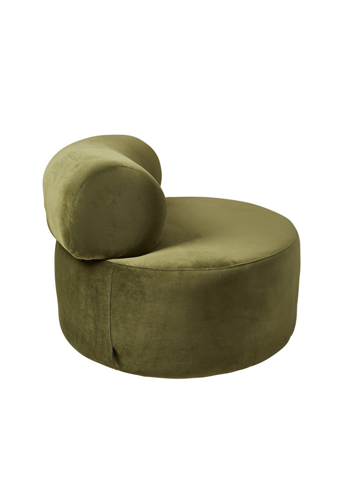 Chunky round swivel chair in olive moss green velvet with matching curved back rest on white background