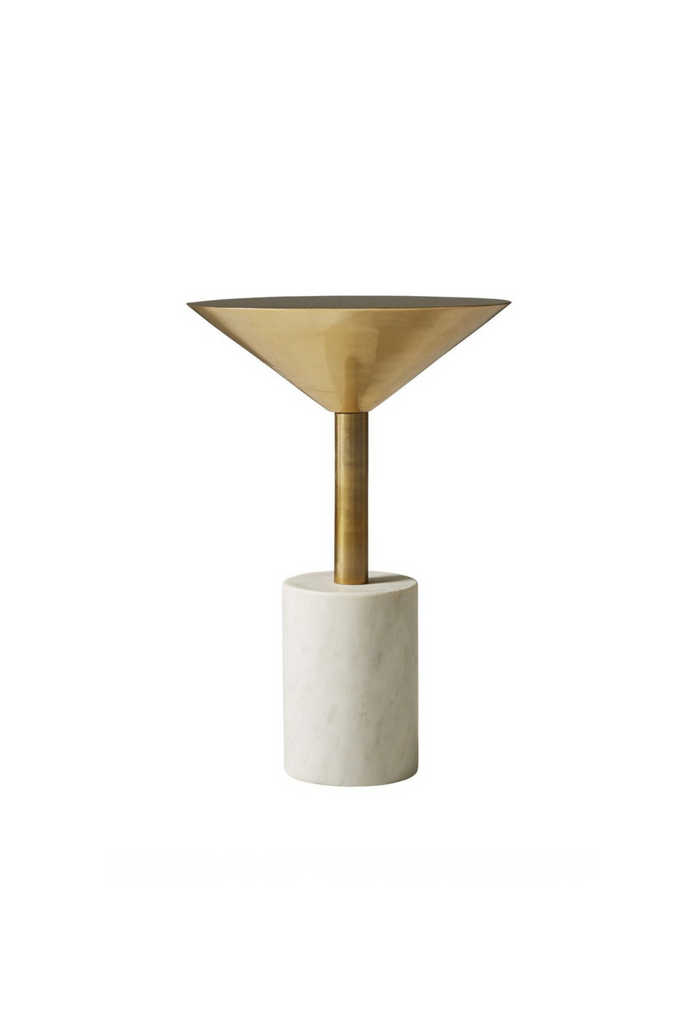 Modern petite side table with brass upside down cone shaped top on a solid cylinder shaped white marble base