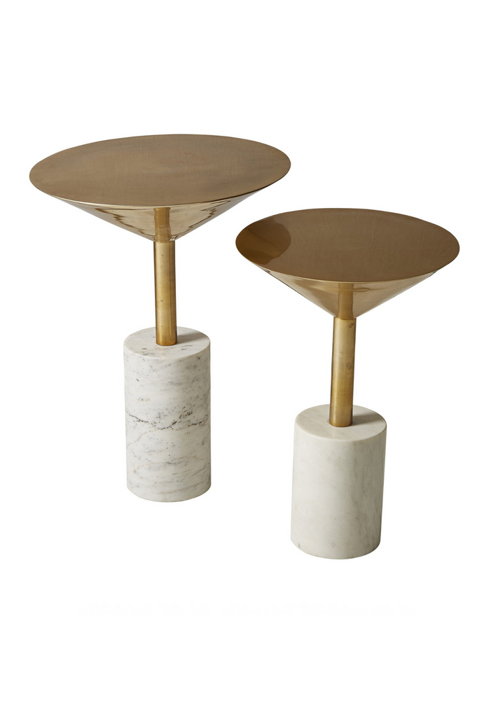 Modern petite side table with brass upside down cone shaped top on a solid cylinder shaped white marble base