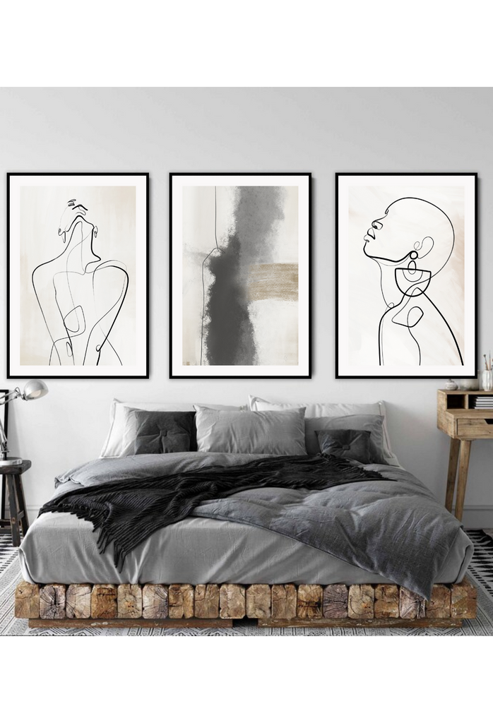 Modern line art sketch print woman portrait profile earring body bedroom shape lady black line cream background.
