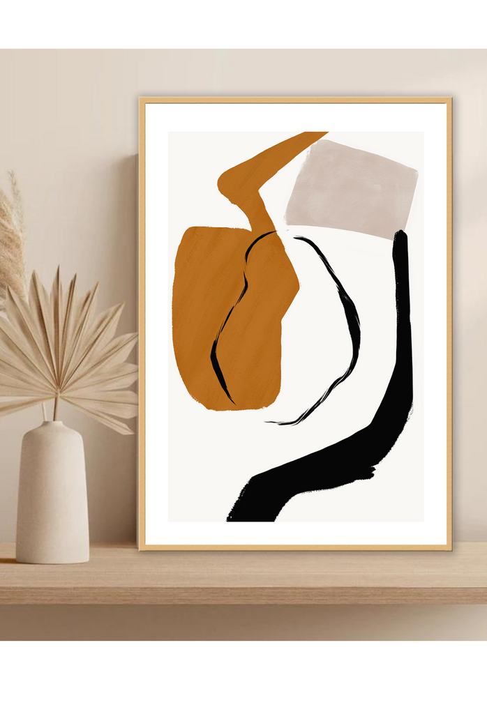 Abstract modern minimalist print portrait landscape with orange black and grey shapes on a white background.