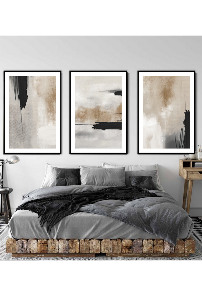 Abstract art print with two chunky horizontal brushstrokes on the right hand side on grey and light brown background.