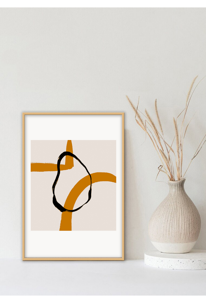 Abstract landscape portrait art print with cream square and black round shape overlapping orange lines in a white border.