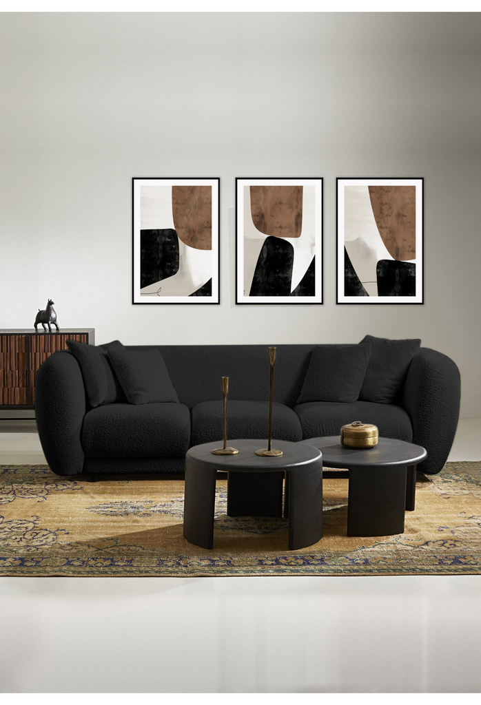 Abstract modern minimalist print with textured brown and black shapes on a grey background with black lines.