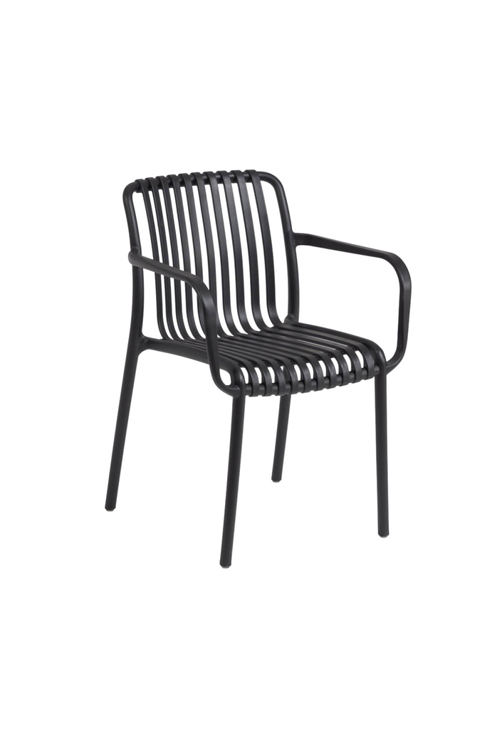 Modern Black Outdoor Chair with Thin Curved Panels Forming the Seat and Back Rest on a White Background