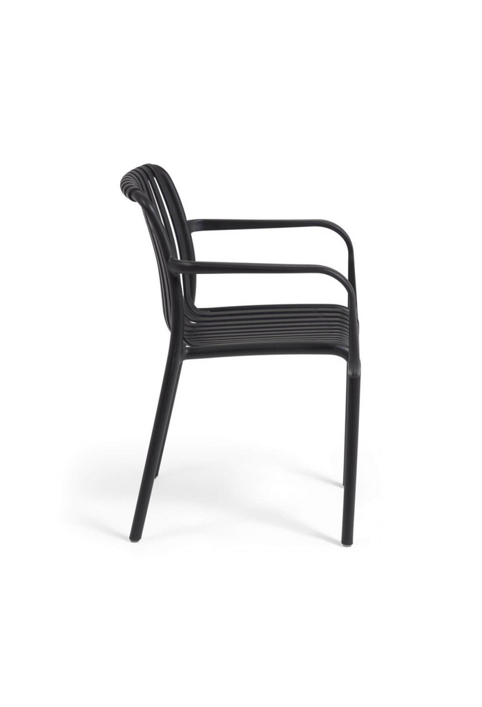 Modern Black Outdoor Chair with Thin Curved Panels Forming the Seat and Back Rest on a White Background