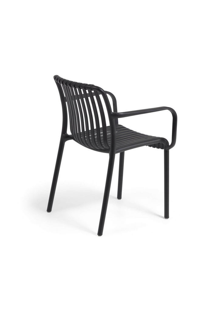 Modern Black Outdoor Chair with Thin Curved Panels Forming the Seat and Back Rest on a White Background