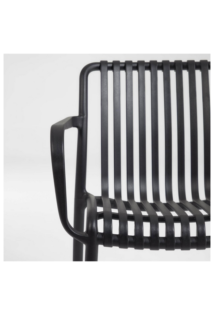 Modern Black Outdoor Chair with Thin Curved Panels Forming the Seat and Back Rest on a White Background