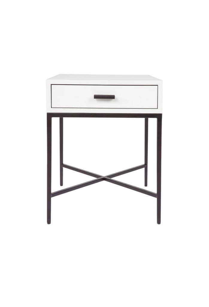 Sleek Bedside Table With a White Top and Drawer Featuring a Black Metal Frame and Handle on White Background