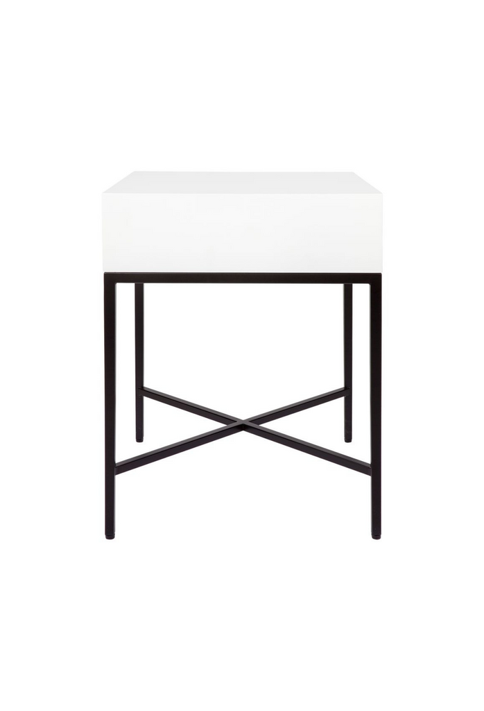 Sleek Bedside Table With a White Top and Drawer Featuring a Black Metal Frame and Handle on White Background