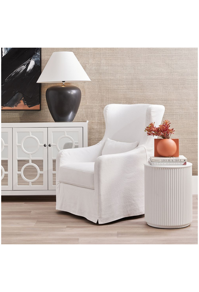 Contemporary white round side table with textured facade