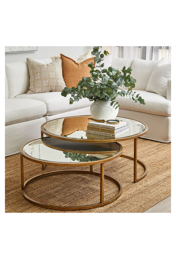 Set of Two Nesting Round Coffee Tables with Inlaid Antique Mirror Table Tops and a Sleek Antique Gold Metal Frame