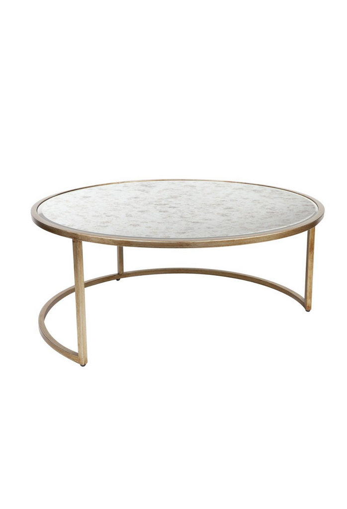 Set of Two Nesting Round Coffee Tables with Inlaid Antique Mirror Table Tops and a Sleek Antique Gold Metal Frame