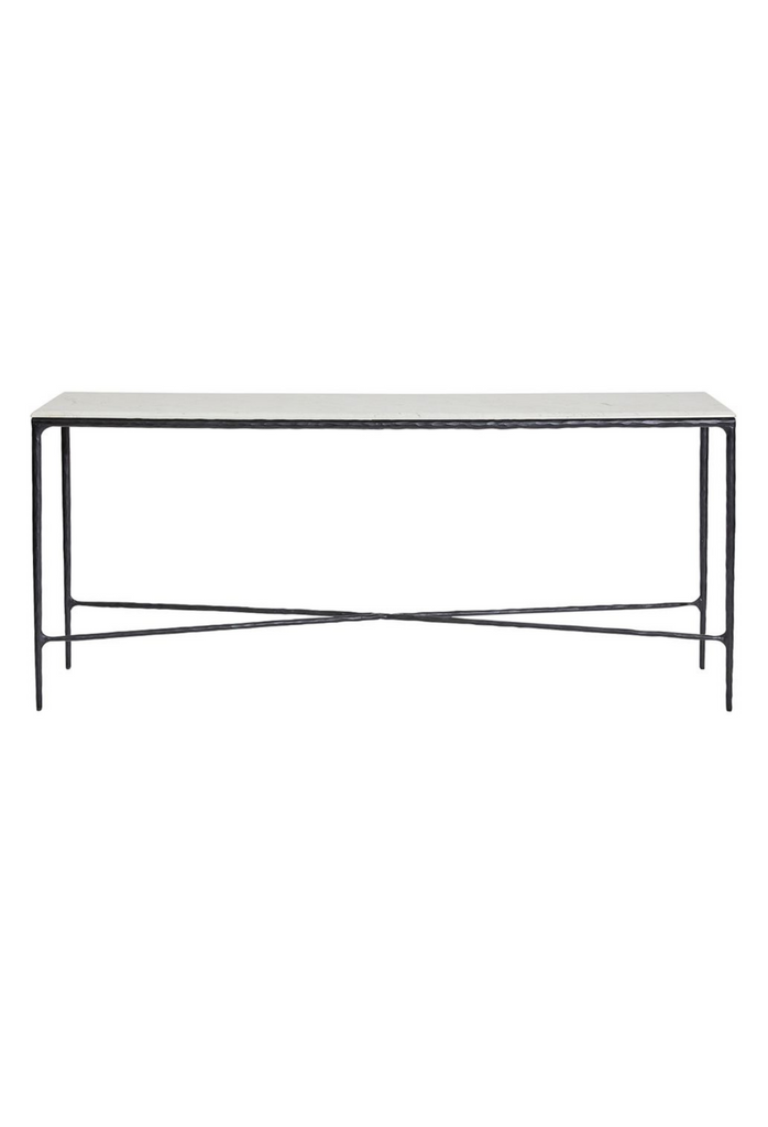 Console table with rectangular white table top and black metal feet with hammered imperfect finish